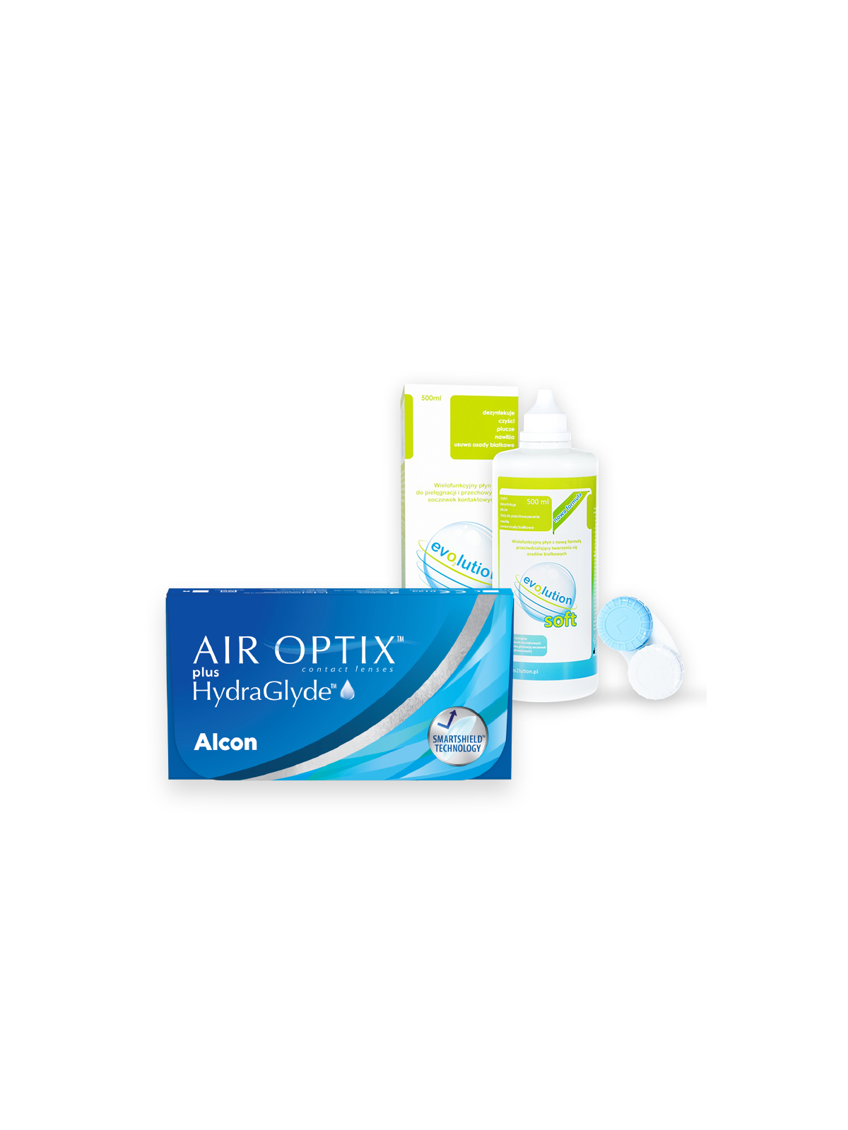 AIR OPTIX Plus HydraGlyde 3szt + evO2lution Soft 500 ml | Zestawy